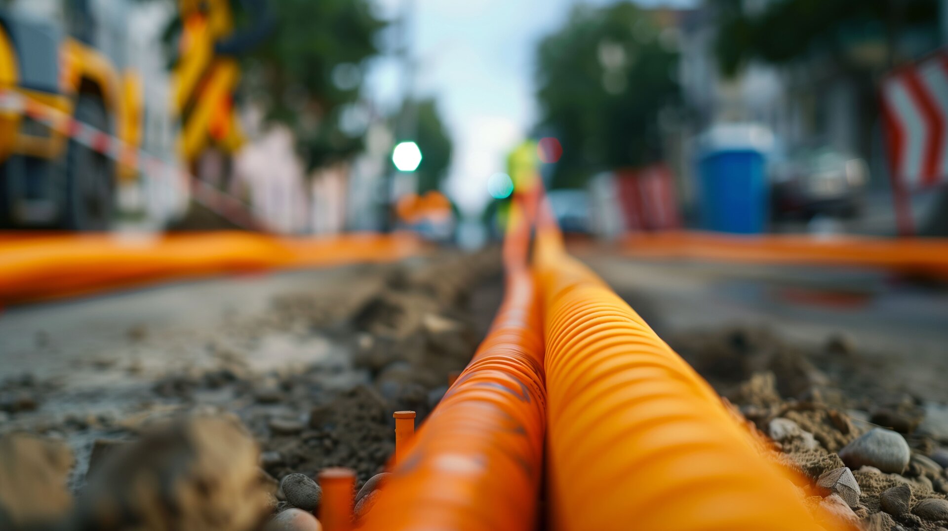 Orangefarbene Glasfaser-Leerrohre liegen in einem offenen Straßengraben während des Netzausbaus.